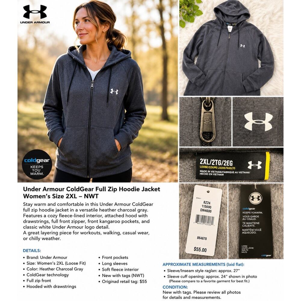 Under Armour ColdGear Hoodie Jacket Womens 2XL Gray Full Zip Loose NWT